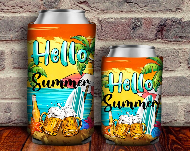 May include: Two colorful Hello Summer can coolers with a beach scene, palm trees, surfboards, and beer mugs.