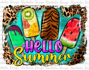 Western Hello Summer Ice Cream Background Png Sublimation Design, Hello Summer Ice Cream Leopard Background Png, Ice Cream Png Downloads