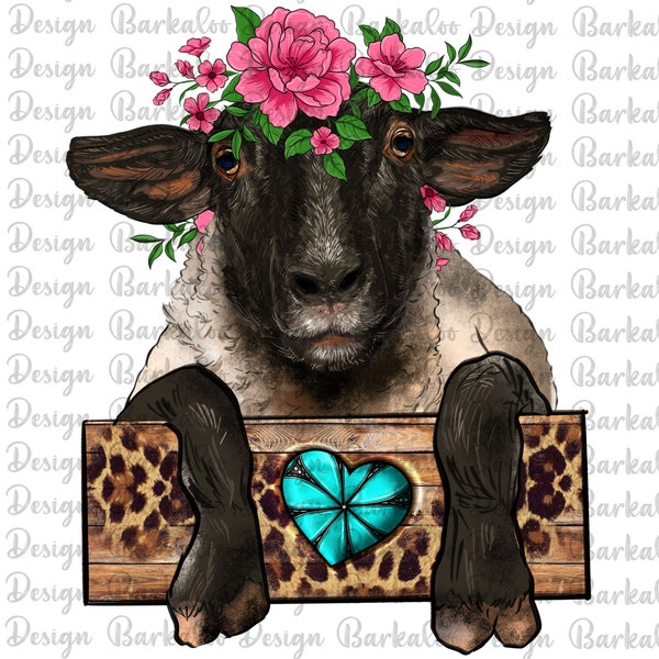 Suffolk Ewe Peeking With Floral Headdress Png Sublimation Design, Suffolk Ewe Png, Suffolk Ewe With Gemstone Png,Suffolk Sheep Png Downloads