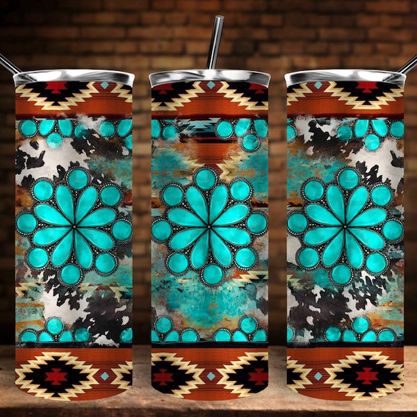 Western Gemstone Aztec Tumbler Png Sublimation Design, 20oz Skinny Tumbler Png, Cowhide Turquoise Gemstone Tumbler Png, Digital Download