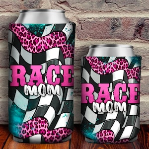 May include: Two pink and black can coolers with a checkered flag and leopard print design. The larger cooler says "Race Mom" in pink letters.