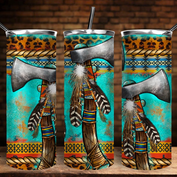 Aztec Tomahawk Tumbler Png Sublimation Design, 20oz Skinny Tumbler Png, Indian Axe Turquoise Tumbler Png, Indian Tomahawk Png Downloads