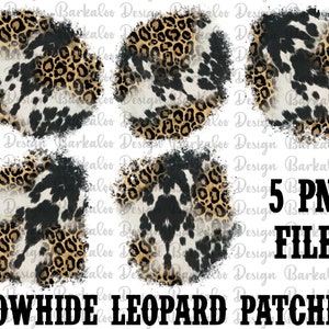 Può includere: Cinque file grafici digitali con un motivo di pelle di mucca e leopardo. Il motivo è in tonalità di nero, bianco, marrone e oro. Lo sfondo è bianco. Il testo "5 PNG FILES" e "COWHIDE LEOPARD PATCHES" è visibile nell'immagine.