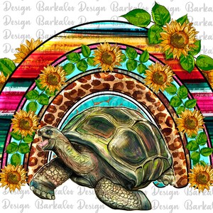 May include: A colorful rainbow design with a tortoise in the center. The rainbow is made up of stripes of red, orange, yellow, green, blue, and purple. The tortoise is brown and green and has a shell with a leopard print pattern. The rainbow is surrounded by sunflowers with green leaves.