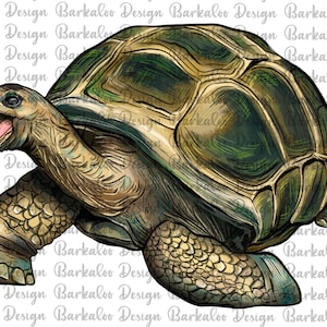 May include: A detailed illustration of a tortoise with a green and brown shell, walking with its mouth open and tongue sticking out.