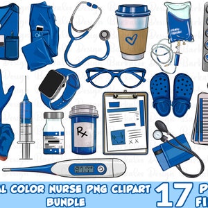 Puede incluir: Un conjunto de 17 im&aacute;genes de clipart con tem&aacute;tica de enfermer&iacute;a en azul y blanco, que incluyen un estetoscopio, uniformes, una jeringa, un term&oacute;metro, un portapapeles, una taza de caf&eacute;, un reloj, un brazalete de presi&oacute;n arterial, un par de gafas, un par de zuecos, una botella de medicamentos, una bolsa de suero, un pastillero y un bloc de notas. El texto "ROYAL COLOR NURSE PNG CLIPART BUNDLE" y "17 PNG FILES" tambi&eacute;n est&aacute; incluido en la imagen.
