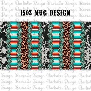May include: A 15oz mug design featuring a repeating pattern of turquoise blue, white, red, and brown stripes. The stripes are decorated with turquoise blue gemstones and cowhide print.