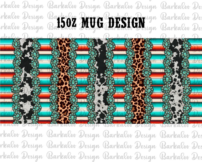 May include: A 15oz mug design featuring a repeating pattern of turquoise blue, white, red, and brown stripes. The stripes are decorated with turquoise blue gemstones and cowhide print.