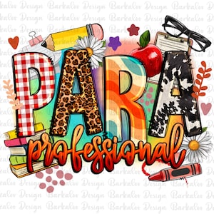May include: Colorful graphic design with the word "PARA" in large letters with different patterns and textures. The word "professional" is written below in a smaller font. The design includes a red apple, a pencil, a pair of glasses, a crayon, and a stack of books.