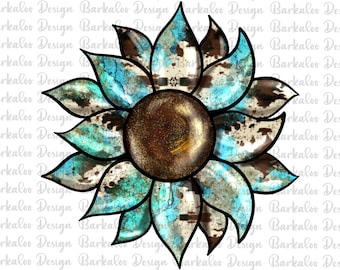 Cowhide Turquoise Pattern Sunflower PNG Sublimation Design, Sunflower Png, Sunflower Sublimation, Western Sunflower Png, Digital Download
