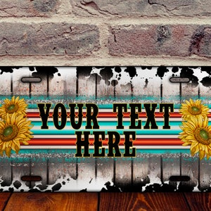 Personalized Cowhide Serape Sunflower License Plate Sublimation Design,Western License Plate Png,Personalized Car License Plate PNG Download