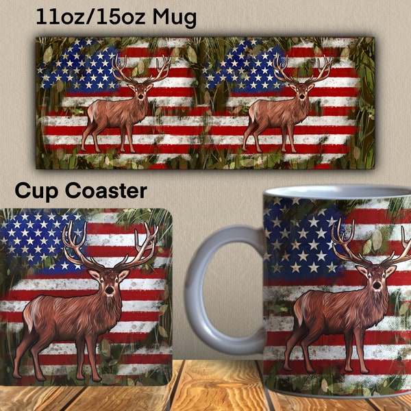 Realtree Camo US Flag Background Reindeer Mug Png, Reindeer Cup Coaster, Reindeer Mug Png, US Flag Reindeer Mug Sublimation Design Downloads