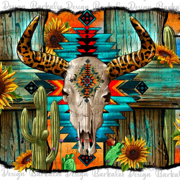 Leopard Horn Bull Skull With Aztec Background Png Sublimation Design, Western Bull Skull Png, Aztec Bull Skull Background Png Downloads