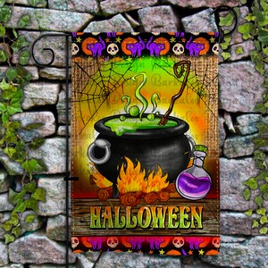 May include: Halloween garden flag featuring a black cauldron with green bubbling potion, a purple potion bottle, and a bonfire. The flag has a wooden plank with the word "HALLOWEEN" and a border with cats, skulls, and moons.