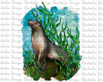 California Sea Lion Under The Sea Png Sublimation Design, California Sea Lion Png, Sea Lion With Seaweeds Png, Seal Png, Digital Download