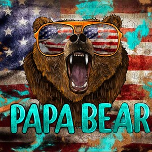 K&ouml;nnte beinhalten: Ein brauner B&auml;r mit offenem Maul tr&auml;gt orangefarbene Sonnenbrillen mit amerikanischem Flaggenmuster. Der B&auml;r steht vor einem verwitterten Hintergrund mit einer amerikanischen Flagge und dem Text "PAPA BEAR" in T&uuml;rkis.