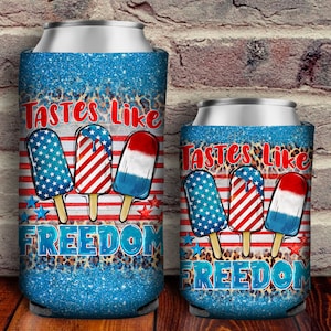 May include: Two blue and white can coolers with a red, white, and blue popsicle design. The text "Tastes Like Freedom" is printed on the coolers.