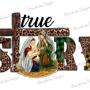 May include: A digital illustration of the nativity scene with the words "true story" above the figures. The figures are surrounded by a leopard print pattern and plaid patterns in red, green, and gold.