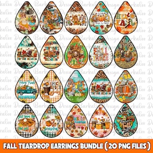 May include: A collection of 20 fall-themed teardrop earring designs. Each earring features unique autumn graphics, including pumpkins, gnomes, fall foliage, and seasonal phrases like "Hello Fall" and "'Tis the Season." The designs are colorful and detailed.