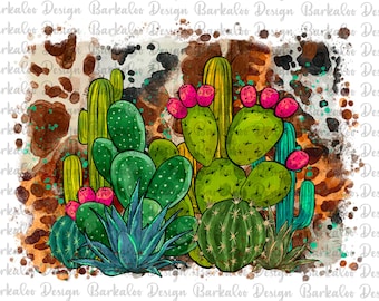 Western Leopard Cowhide Cactus Background PNG Sublimation Design, Cactus Clipart, Watercolor Cactus Png,  Cactus Png, Western Cactus Png