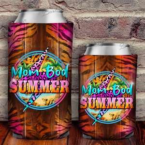 May include: Two colorful can coolers with a tiger print design. The coolers feature a graphic of a lightning bolt with the text "Mom Bod Summer".