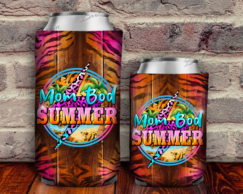 May include: Two colorful can coolers with a tiger print design. The coolers feature a graphic of a lightning bolt with the text "Mom Bod Summer".