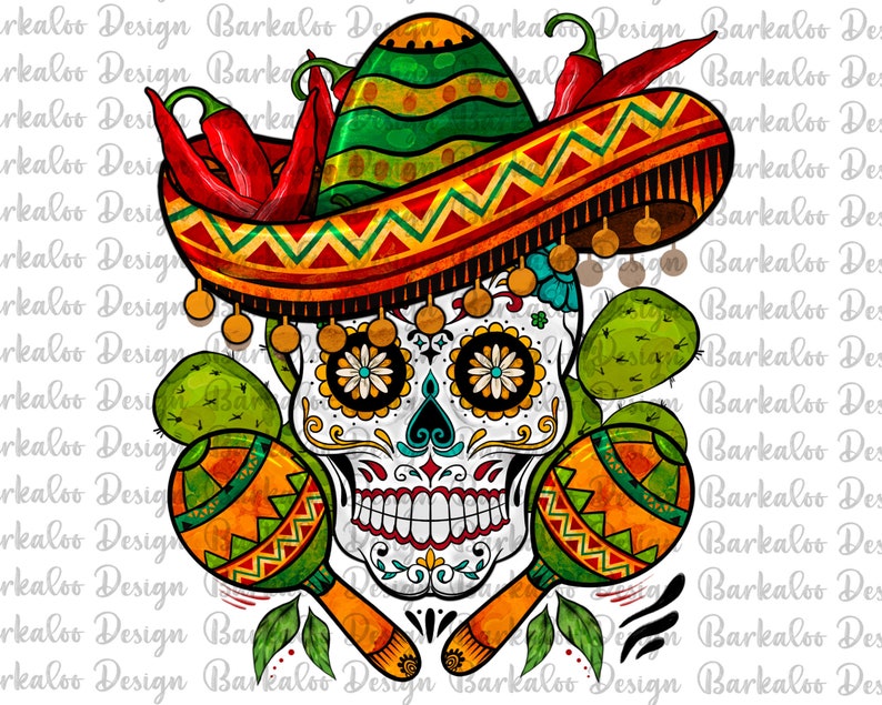 Op de afbeelding: Een kleurrijke suikerschedel met een sombrero met rode pepers en maracas. De schedel heeft bloemmotieven en is omringd door groene cactussen.