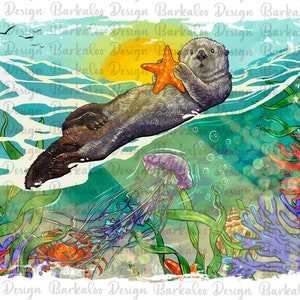 May include: An illustration of an otter floating in the ocean, holding an orange starfish. The artwork features a vibrant underwater scene with jellyfish, coral, and seaweed. The sun is setting in the background, with birds flying above the waves.