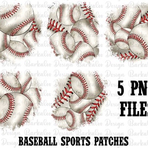 May include: Five digital graphics of baseballs with a distressed white background. The baseballs are white with red stitching and a worn look. The text "5 PNG FILES" and "BASEBALL SPORTS PATCHES" are at the bottom of the image.