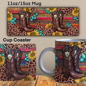 Bull Skull Cowboy Boots Mug Png, Cowboy Boots Cup Coaster, Cowboy Boots Mug,Western Background Cowboy Boots Mug Sublimation Design Downloads