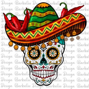 May include: A colorful sugar skull wearing a sombrero with red chili peppers. The skull has intricate details and is decorated with flowers.