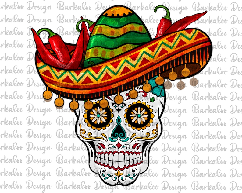 May include: A colorful sugar skull wearing a sombrero with red chili peppers. The skull has intricate details and is decorated with flowers.