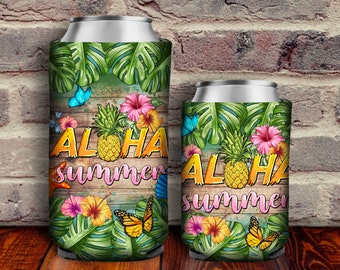 Aloha Summer With Tropical Leaves Can Cooler Png Sublimation Design, Pineapple Aloha SummerCan Cooler Png, Pineapple Aloha Png Downloads