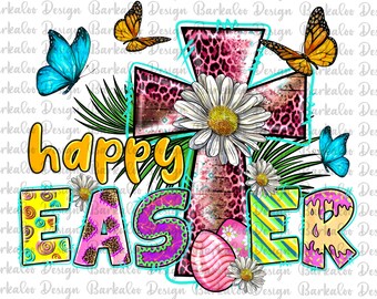 Happy Easter Floral Cross Png Sublimation Design, Easter Day Png, Western Pink Leopard Daisy Cross Png, Easter Png, Digital Download