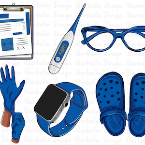 Puede incluir: Un conjunto de ilustraciones m&eacute;dicas azules que incluyen un portapapeles con una tabla m&eacute;dica, un term&oacute;metro digital, un par de gafas, un par de guantes de goma azules, un reloj inteligente con una banda azul y un par de zuecos azules.