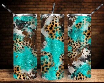 Western Cheetah Cowhide Tumbler Png Sublimation,20oz Skinny Tumbler Png, Cheetah Turquoise Glitter Tumbler Png, Téléchargement numérique