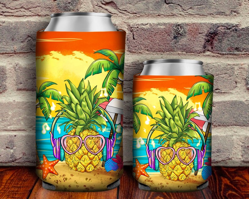 May include: Two colorful can coolers with a pineapple wearing sunglasses and headphones on a beach scene. The pineapple is on a beach with palm trees, an umbrella, and a starfish. The can coolers are orange, yellow, blue, and green.