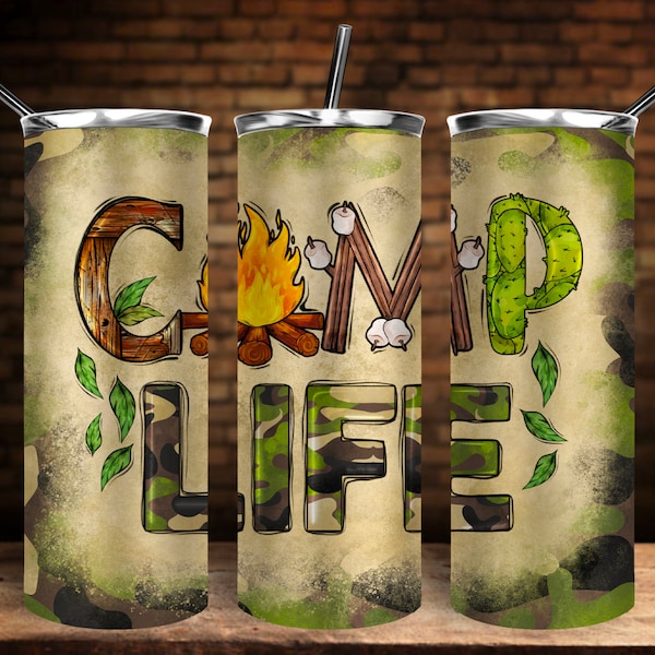 Camo Campfire Camp Life Tumbler Png Sublimation Design, 20oz. Skinny Tumbler Png, Wooden Camp Life Tumbler Png Downloads