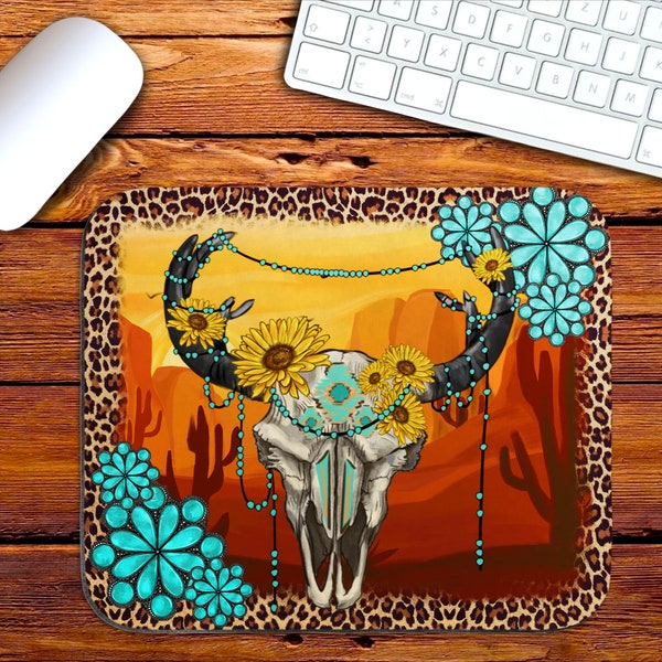 Gemstone Sunflower Bull Skull Mouse Pad PNG, Sublimation Design, Western Bull Skull Mouse Pad PNG, Customized Mouse Pad PNG Design Downloads