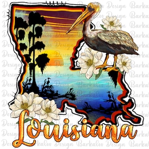 Louisiana Sonnenuntergang Karte mit Magnolia Png Sublimation Design, Louisiana State Bird Png, Louisiana State Flower Magnolia Png Digitale Downloads
