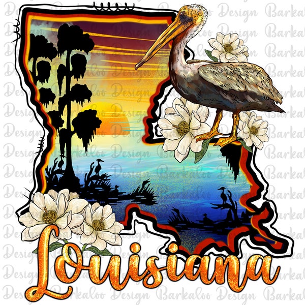 Louisiana Sunset Map With Magnolia Png Sublimation Design, Louisiana State Bird Png, Louisiana State Flower Magnolia Png Digital Downloads