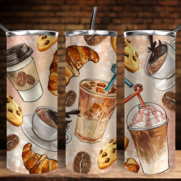 Coffees Cookies And Croissant Tumbler Png Sublimation Design,20oz. Skinny Tumbler Png, Coffe Lovers Tumbler Png, Coffee Tumbler Png Download