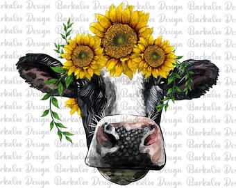 Western Holstein Cow Png Sublimation Design, Hand Drawn Cow Png, Holstein Portrait Png, Holstein With Sunflowers Png, Digital Download