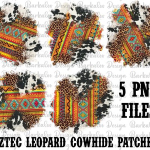 Peut inclure: Cinq fichiers graphiques numériques de patchs en peau de vache avec un motif aztèque et léopard. Les patchs sont de forme circulaire avec un fond blanc et un aspect vieilli.