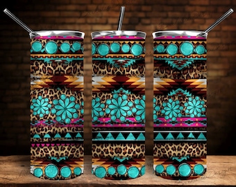 Leopard Aztec Turquoise Jewelry 20 oz. Skinny Tumbler PNG Sublimation Design, Western Skinny Tumbler, Sunflower Tumbler Png,Digital Download