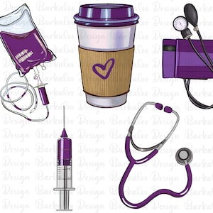 May include: Purple medical themed clipart set with a stethoscope, a syringe, an IV bag, a blood pressure cuff, and a coffee cup with a heart on it.