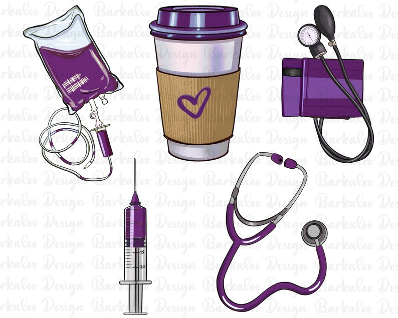 May include: Purple medical themed clipart set with a stethoscope, a syringe, an IV bag, a blood pressure cuff, and a coffee cup with a heart on it.
