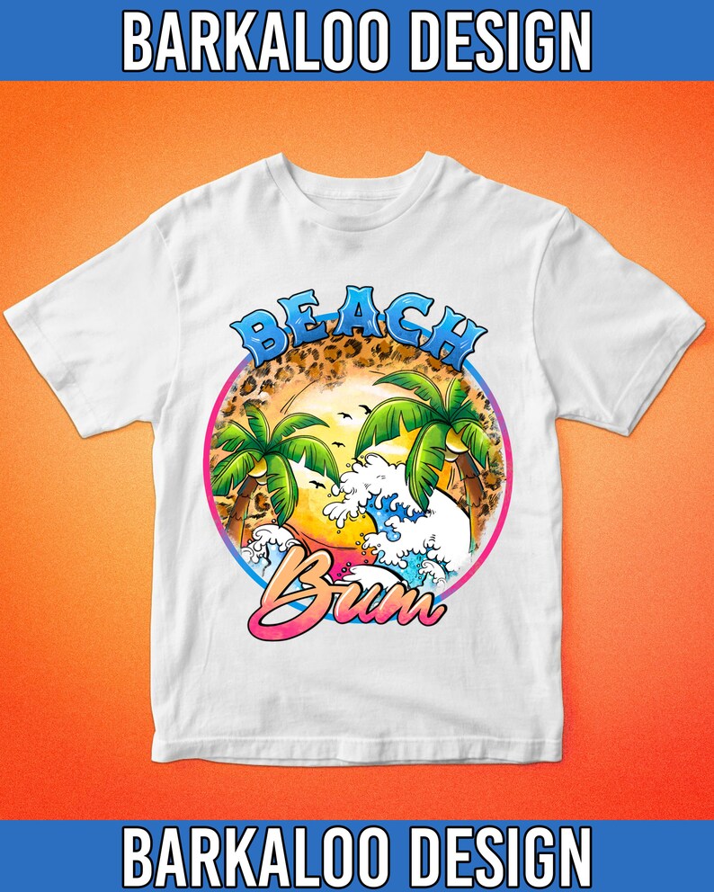 May include: White t-shirt with a graphic design of a beach scene with palm trees, waves, and the text "Beach Bum".