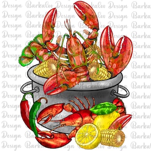 Könnte beinhalten: Eine digitale Illustration eines Topfes mit roten Hummern, Maiskolben, Zitronen und grünen Paprikaschoten. Der Topf ist silberfarben mit einem schwarzen Griff. Die Hummer befinden sich in einem Topf mit herausragenden Scheren. Der Mais ist am Kolben und die Zitronen sind in Scheiben geschnitten. Die Paprika sind grün und rot.