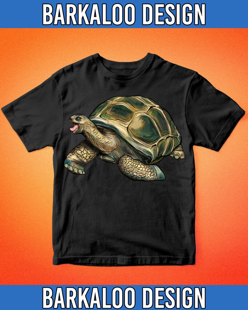 May include: Black t-shirt with a graphic of a green and brown tortoise with its mouth open. The tortoise is walking to the right. The text "BARKALO DESIGN" is at the top and bottom of the image.
